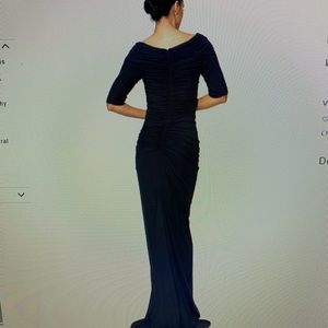 Tadashi Shoji Asymmetric Ruched Sleeve gown Navy